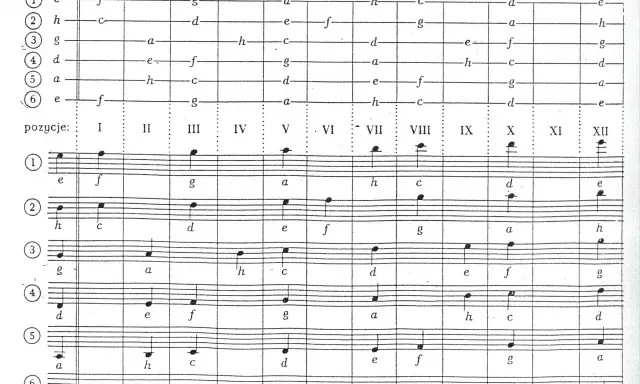 Diagram przedstawiający rozmieszczenie dźwięków na gryfie instrumentu, z nutacją muzyczną na pięciolinii.