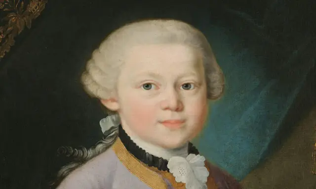 Portret młodego Wolfganga Amadeusza Mozarta w peruce i eleganckim stroju.