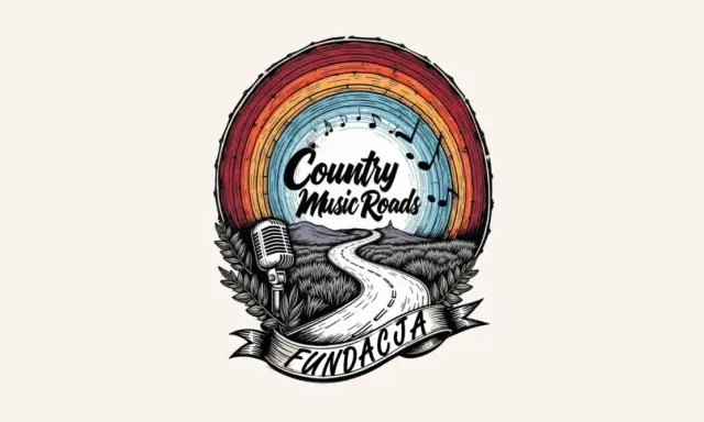 Logo Fundacji "Country Music Roads" z tęczą, drogą, mikrofonem i nutami. Promuje muzyka country wykonawcy.
