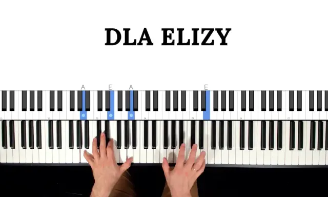 Nauka gry na keyboardzie: "Dla Elizy" z podświetlonymi klawiszami A i E. Dłonie ćwiczą akordy.