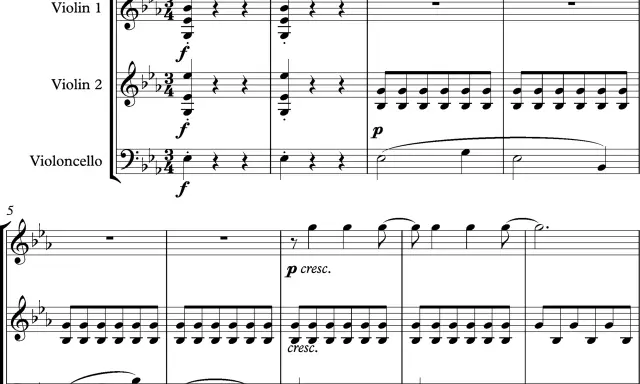 Fragment partytury smyczkowej z oznaczeniem "Allegro con brio". Widać synkopa przykłady w partii skrzypiec i wiolonczeli, z dynamiką od "f" do "p cresc.".