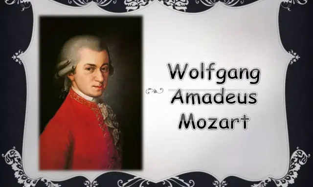 Portret Wolfganga Amadeusza Mozarta w czerwonym stroju, z siwą peruką. Obok widnieje jego imię i nazwisko.