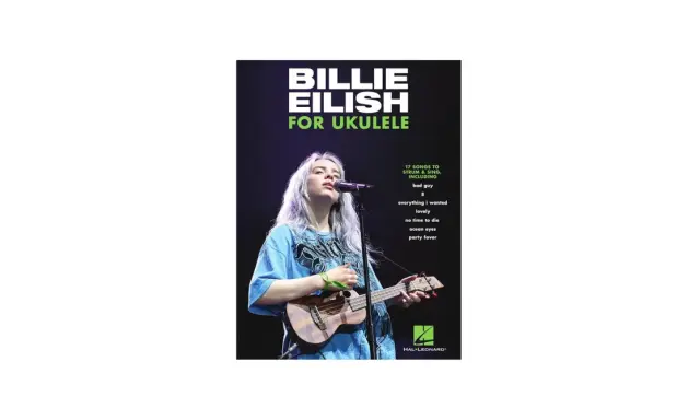 Billie Eilish z ukulele na okładce podręcznika "Billie Eilish for Ukulele".
