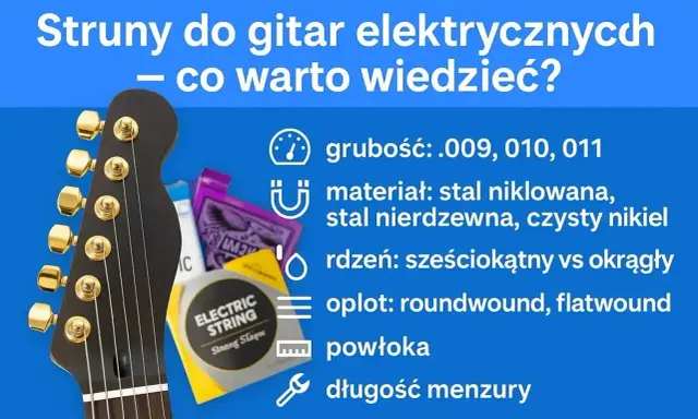 Główka gitary elektrycznej i opakowania strun. Poradnik: jakie struny do gitary elektrycznej wybrać? Grubość, materiał, rdzeń, oplot, powłoka, długość menzury.
