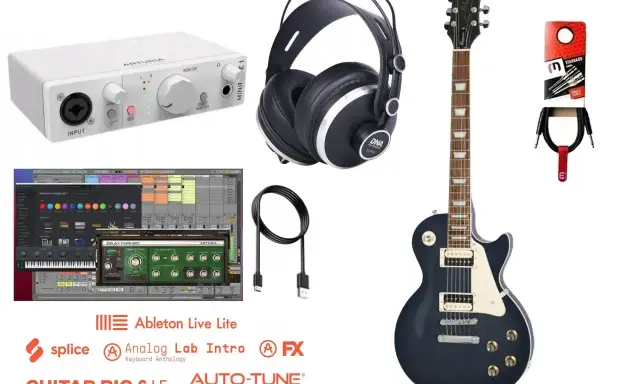 Zestaw do nagrywania gitary: gitara, interfejs audio, słuchawki, kable i oprogramowanie. Dowiedz się, jak ustawić wzmacniacz gitarowy w domowym studio.