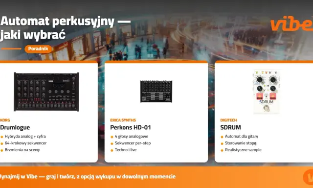 Trzy automaty perkusyjne: Korg Drumlogue, Erica Synths Perkons HD-01 i Digitech SDRUM. To urządzenia do rytmu dla muzyków.