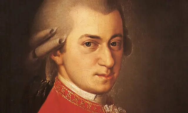 Portret Wolfganga Amadeusza Mozarta w czerwonym stroju. Wyobraźmy sobie, że to on opowiadał historie o swoich dzieciach.