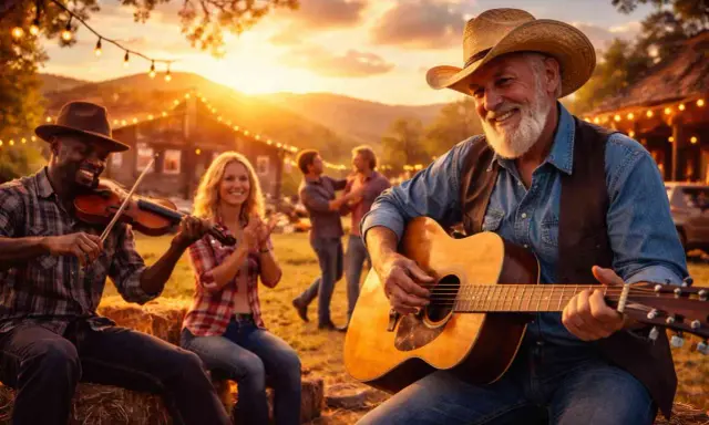 Wieczorna biesiada z muzyką country. Mężczyzna gra na gitarze, obok skrzypek, a w tle tańcząca para.