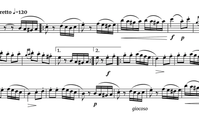Allegretto, 120 BPM. Dzieło muzyczne dla skrzypiec, pełne szybkich, radosnych nut, z dynamicznymi zmianami od forte do piano.