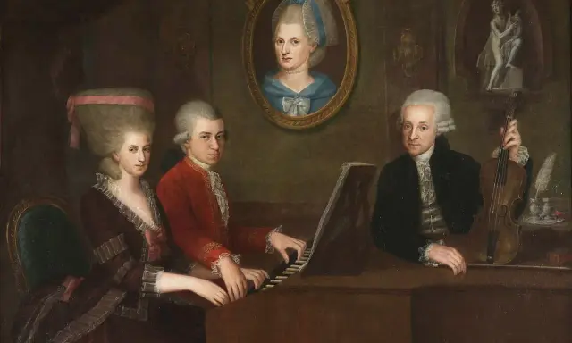 Portret rodziny Mozarta przy fortepianie. Choć obraz nie odpowiada na pytanie, na co zmarł Mozart, ukazuje jego talent muzyczny.