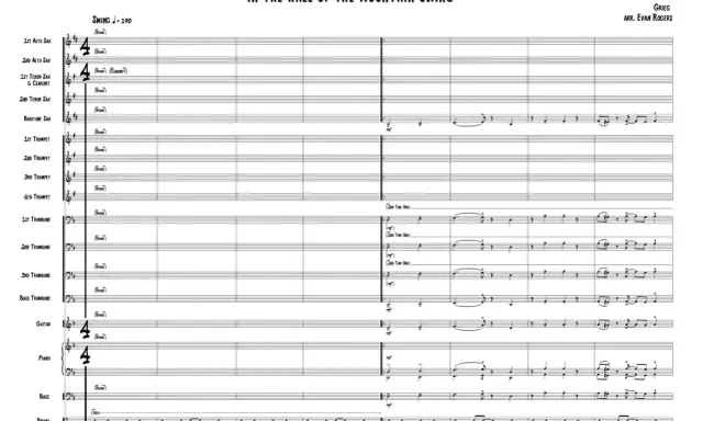 Partytura w muzyce to zapis nutowy dla big bandu, pokazujący "In the Hall of the Mountain Swing". Widać tu instrumenty: saksofony, trąbki, puzony, gitarę, pianino, bas i perkusję.