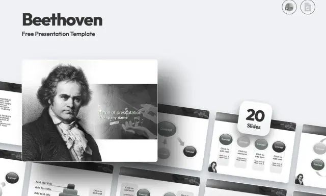 Szablon prezentacji "Beethoven" z portretem kompozytora i elementami graficznymi nawiązującymi do muzyki.