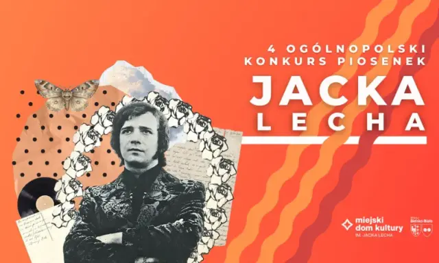 4. Ogólnopolski Konkurs Piosenek Jacka Lecha. Kolaż z portretem artysty, ćmą, różami i nutami.