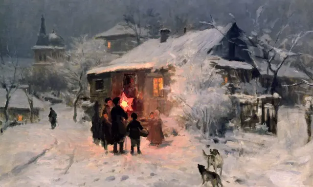 Cicha noc, historia kolędy. Grupa ludzi z gwiazdą na patyku idzie przez zasypaną śniegiem wieś.