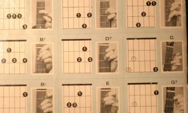 Diagramy akordów na gitarze: A7, B7, Bb, D, D7, E, F, G, G7. Poznaj, ile jest akordów na gitarze, ucząc się tych podstawowych chwytów.
