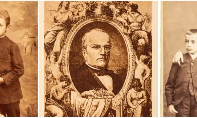 Portret Stanisława Moniuszki i jego dzieci. Trzy fotografie: dwoje dzieci, portret kompozytora w medalionie, troje dzieci z kobietą.