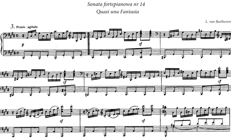 Fragment partytury fortepianowej Beethovena, "Quasi una Fantasia". Widoczna dynamika w muzyce, od piano (p) do forte (sf).