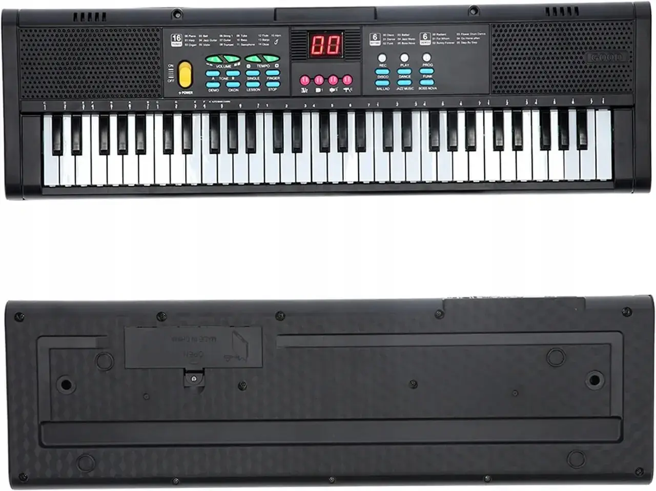Elektroniczne pianino z 61 klawiszami, przyciskami do wyboru rytmów i dźwięków. Opis klawiszy na keyboardzie 61 klawiszy.