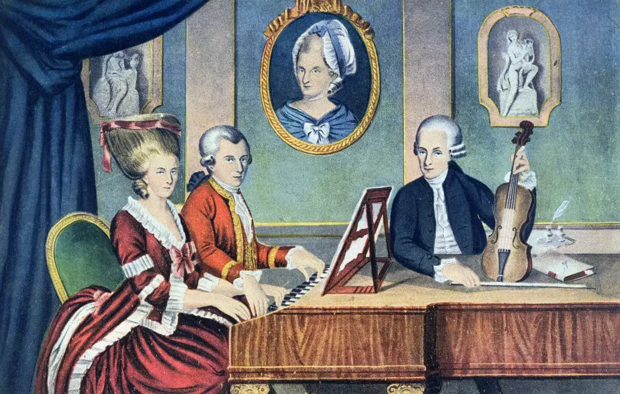 Wolfgang Amadeus Mozart dzieci grają na klawesynie i skrzypcach.