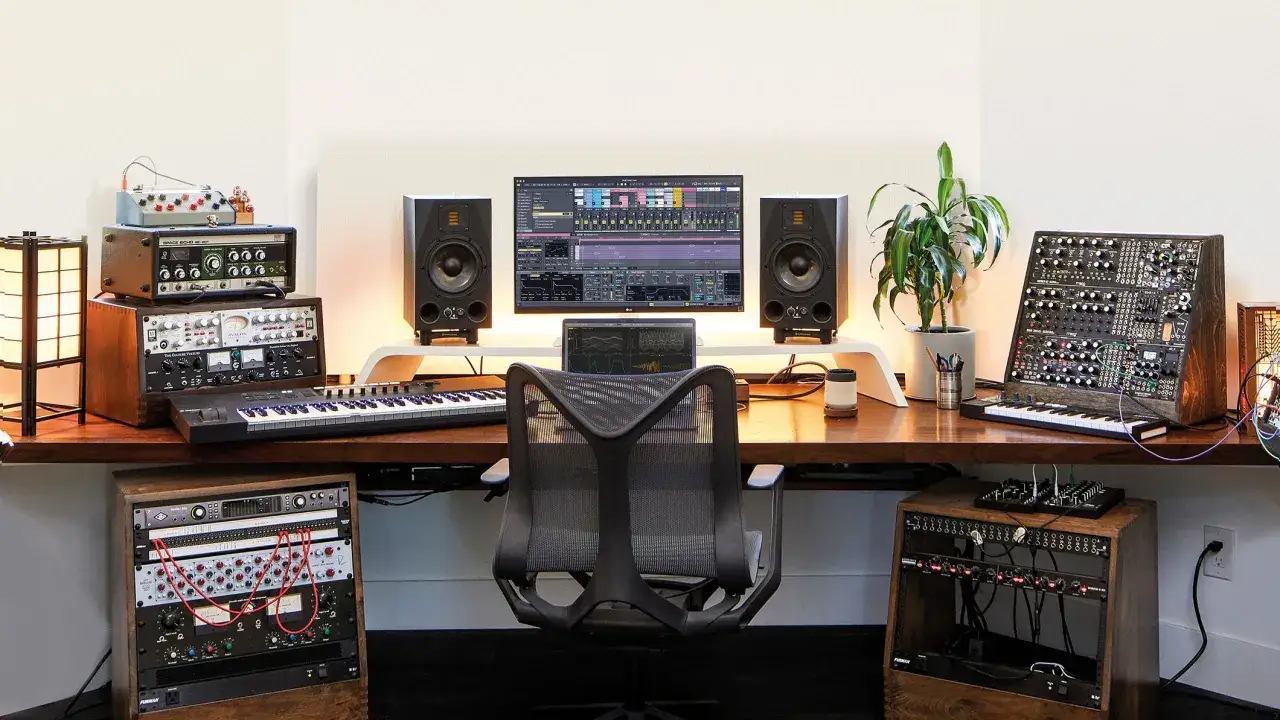 Profesjonalne studio muzyczne z syntezatorami, klawiaturą i komputerem. Idealne miejsce, by dowiedzieć się, jak napisać piosenkę krok po kroku.