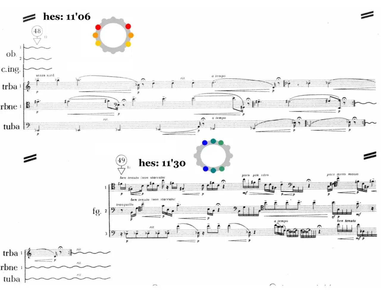 Fragment partytury muzycznej, prawdopodobnie Witold Lutosławski. Widoczne instrumenty: obój, c. ing., trąbka, róg, tuba, fagot.