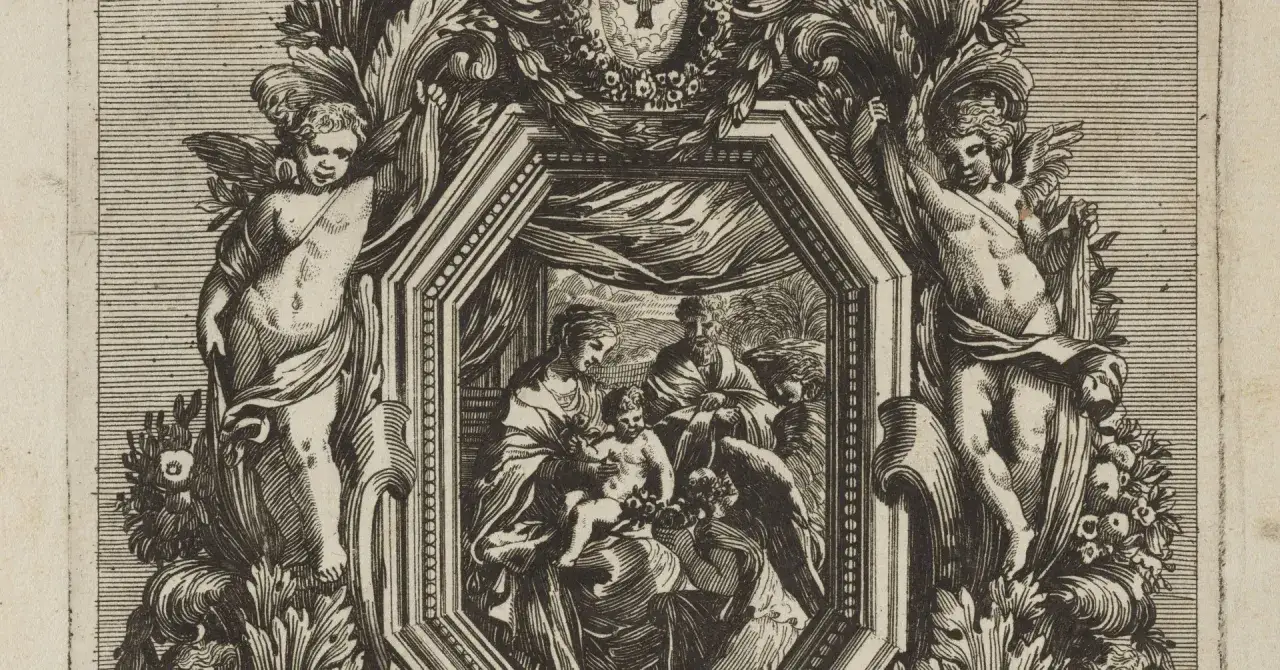 Ornamental frame z aniołkami i sceną z Dzieciątkiem Jezus, nawiązującą do historii kolęd.