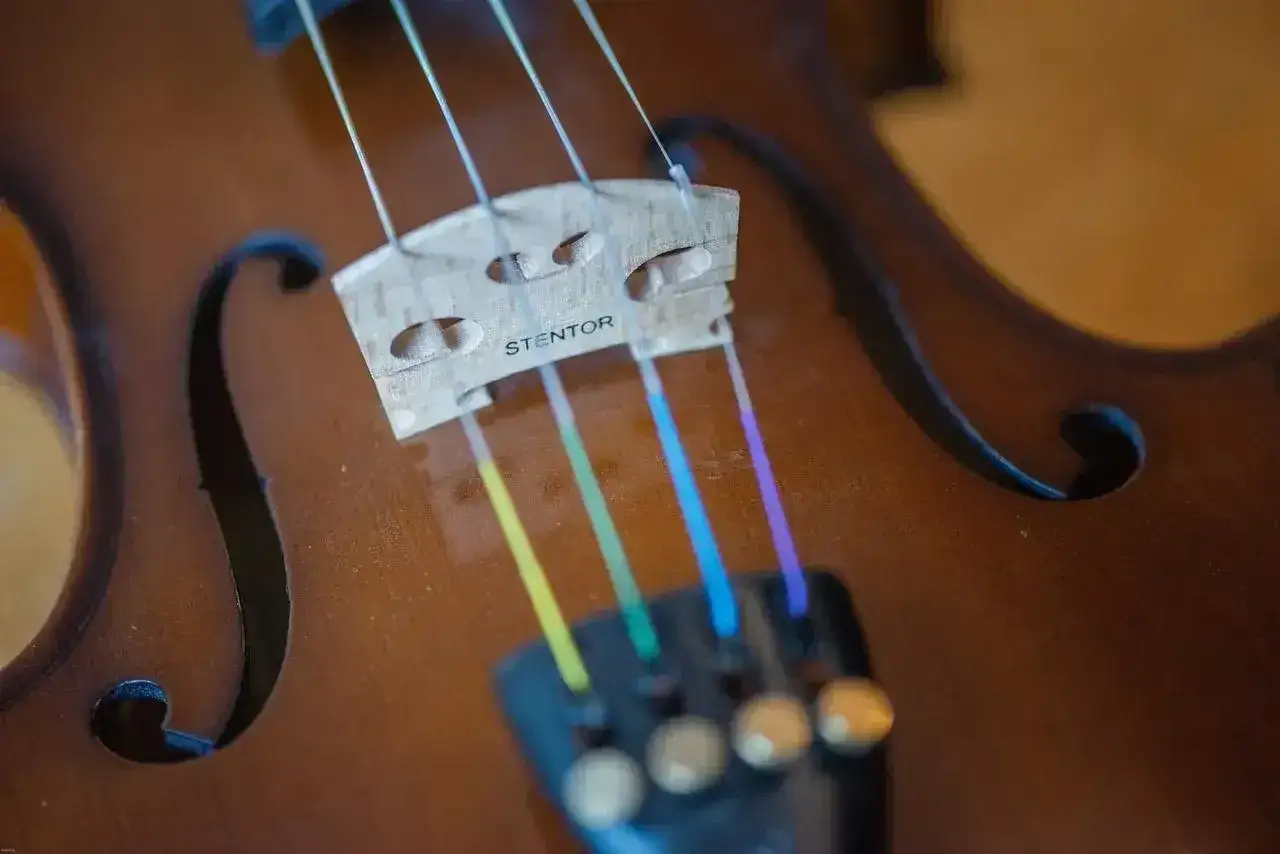 Kolorowe, tęczowe struny skrzypiec, od najcieńszej struny skrzypiec po najgrubszą, tworzą barwny akcent na drewnianym instrumencie.