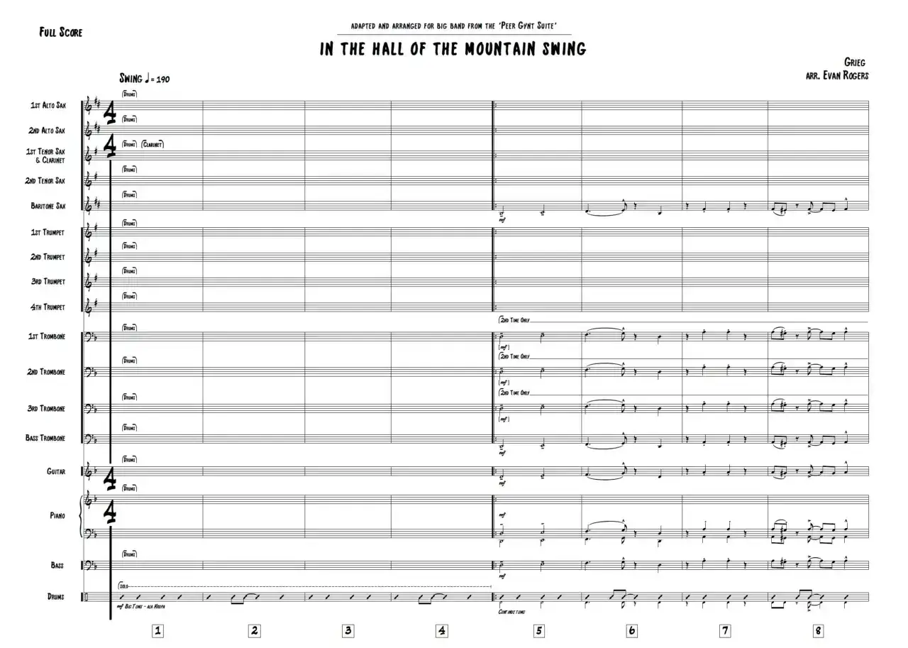 Partytura big bandu z widocznymi instrumentami i nutami. Widać sekcje dęte, gitarę, pianino, bas i perkusję, prezentujące elementy dzieła muzycznego.