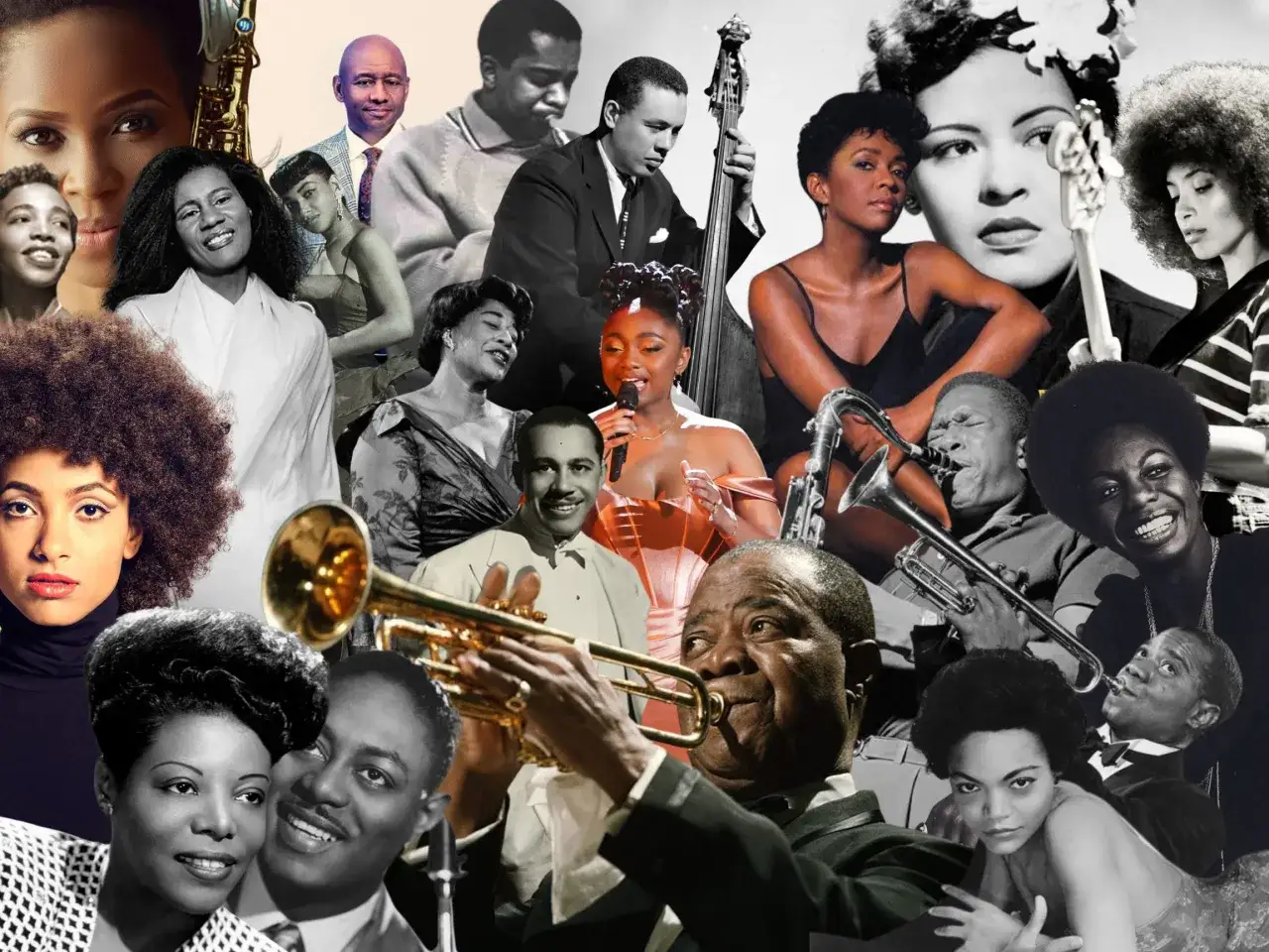 Kolaż przedstawiający najsłynniejszych przedstawicieli jazzu: Louisa Armstronga, Billie Holiday, Ellę Fitzgerald i innych legendarnych artystów.