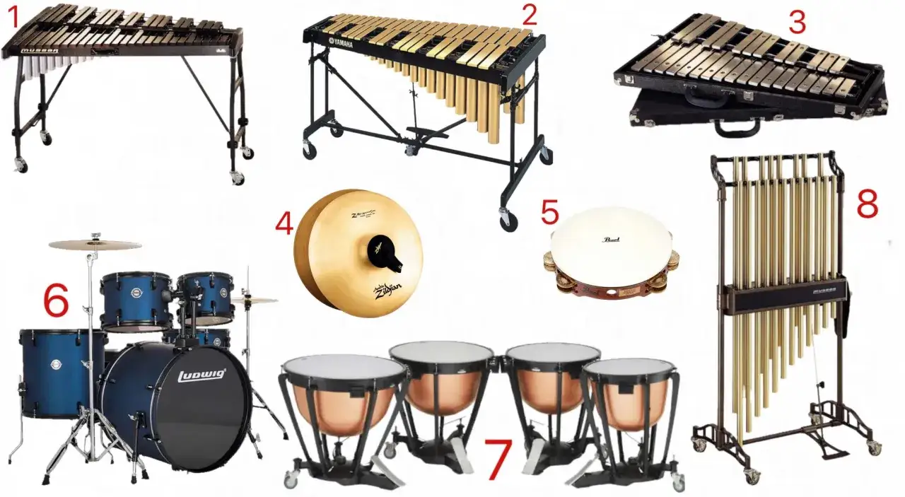 Instrumenty perkusyjne prezentacja: ksylofon, wibrafon, werbel, talerze, tamburyn, kotły, dzwonki rurowe.