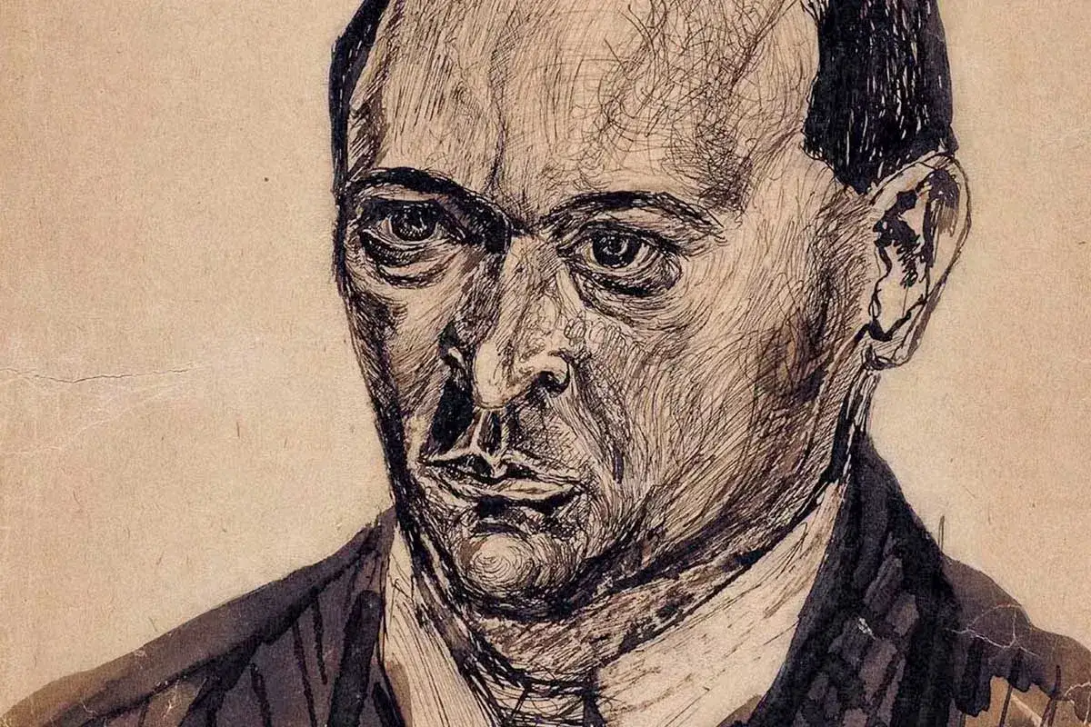 Ekspresyjny portret Arnolda Schoenberga, uchwycony w szkicu tuszem.