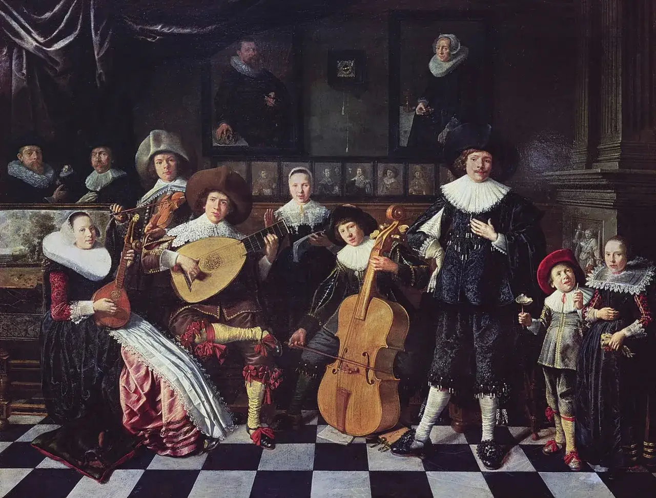Rodzina muzyków w strojach z epoki barokowej, grająca na instrumentach. Obraz z datą powstania w stylu barokowym.