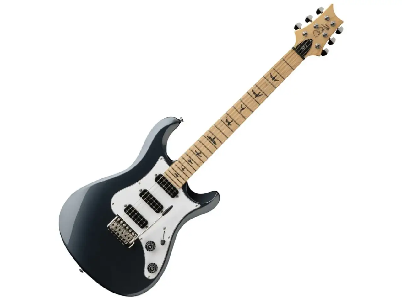 Mroczna gitara do metalu z białym pickguardem i ptasimi inkrustacjami na gryfie. Idealna do ciężkich riffów.