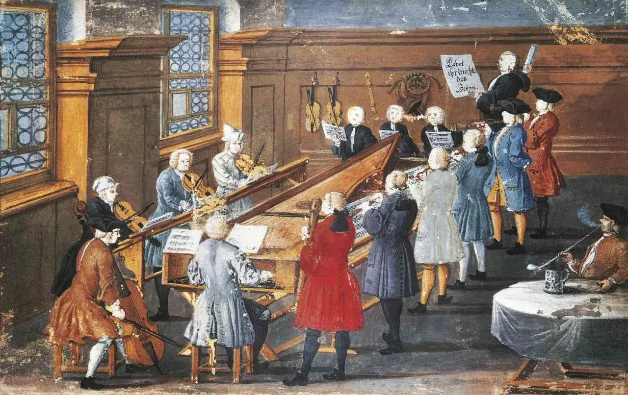 Muzycy wykonują utwór, być może inspirowany twórczością Henry'ego Purcella, grając na instrumentach smyczkowych i klawiszowych.