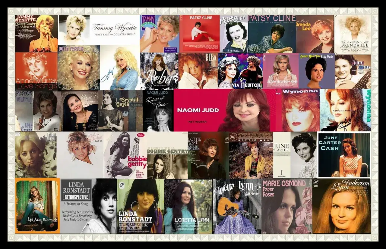 Kolekcja okładek płyt legendarnych piosenkarek country: Tammy Wynette, Dolly Parton, Reby McEntire, Patsy Cline, Loretta Lynn i innych.