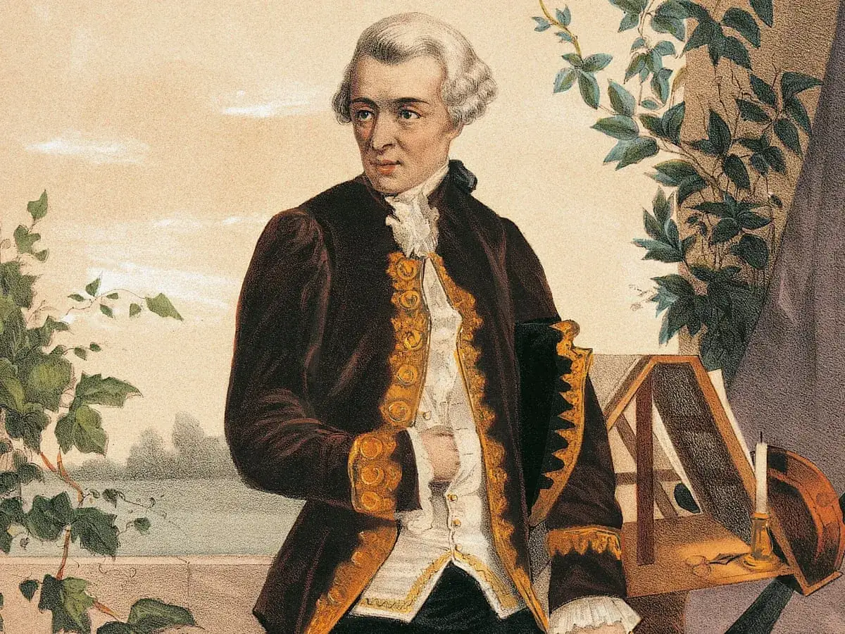 Portret Josepha Haydna w eleganckim stroju, z bujną roślinnością w tle. Kompozytor spogląda w bok, jakby zastanawiał się nad kolejną symfonią.