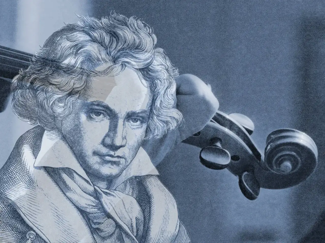 Portret Beethovena z widoczną częścią skrzypiec. Jego muzyka wciąż brzmi w sercach.
