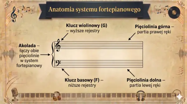 Klucz wiolinowy i basowy na pięcioliniach, połączone akoladą, ilustrują system fortepianowy.