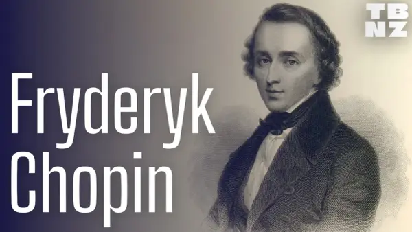 Portret Fryderyka Chopina, geniusza muzyki, z białym napisem "Fryderyk Chopin" na tle.