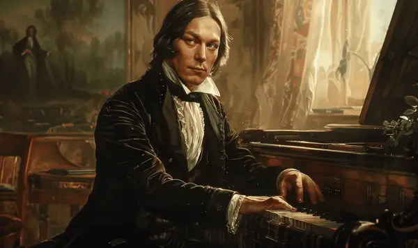 Młody mężczyzna gra na fortepianie, tworząc swoje słynne robert schumann utwory.