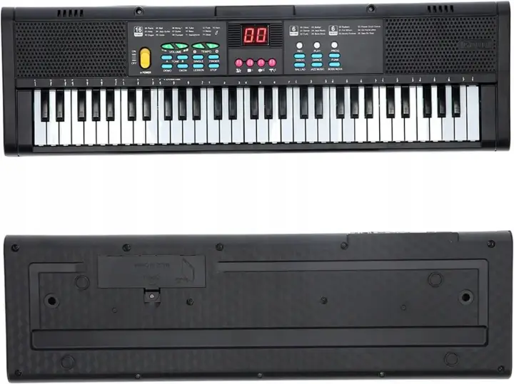 Elektroniczne pianino z 61 klawiszami, przyciskami do wyboru rytmów i dźwięków. Opis klawiszy na keyboardzie 61 klawiszy.