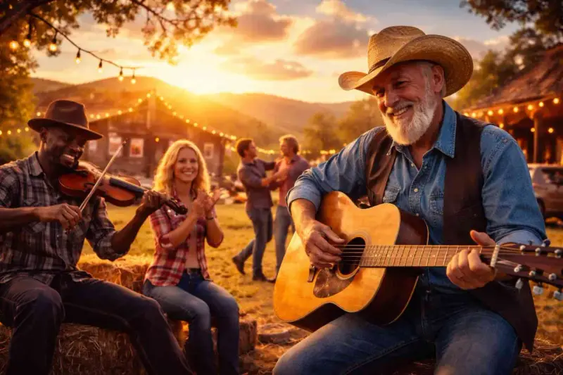 Wieczorna biesiada z muzyką country. Mężczyzna gra na gitarze, obok skrzypek, a w tle tańcząca para.